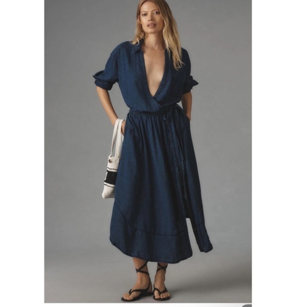 Pilcro Anthropologie Chambray Faux Wrap Tie Waist Midi Dress Small